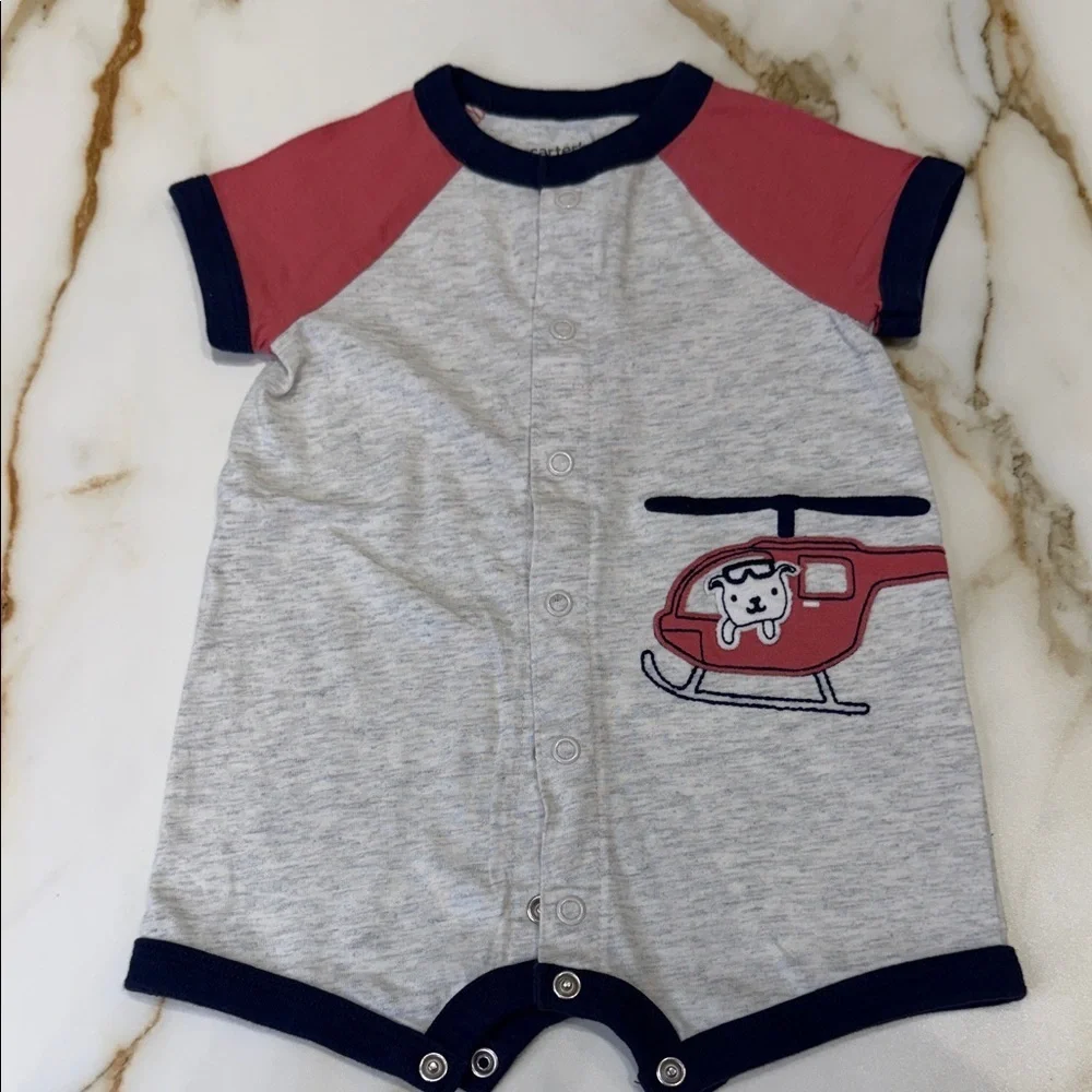 Carter’s Adorable Gray and Red Helicopter Baby Romper